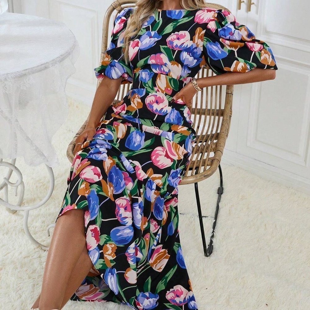 Multicolor Boho Womens Floral Print Puff Sleeve Ruffle Hem Dress - Picture 4 of 5